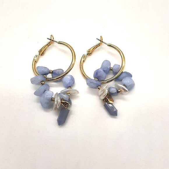 Urban Outfitters Statement Gold Hoop Earrings With Dangling Blue Bead Stones - Picture 1 of 1